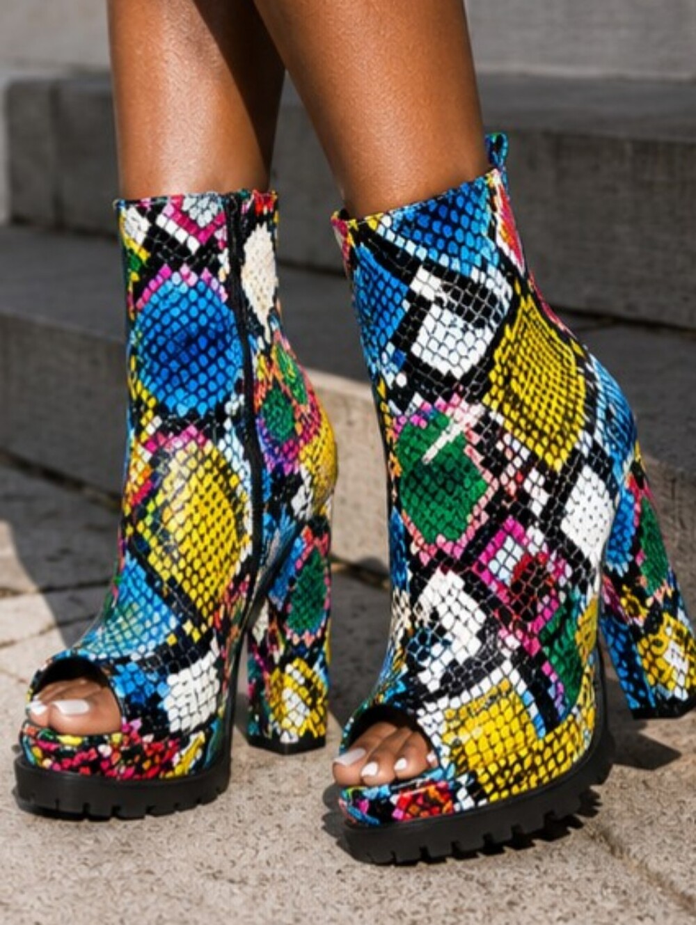 Bold Multi-Color Snake-Print Peep-Toe Platform Ankle Boot